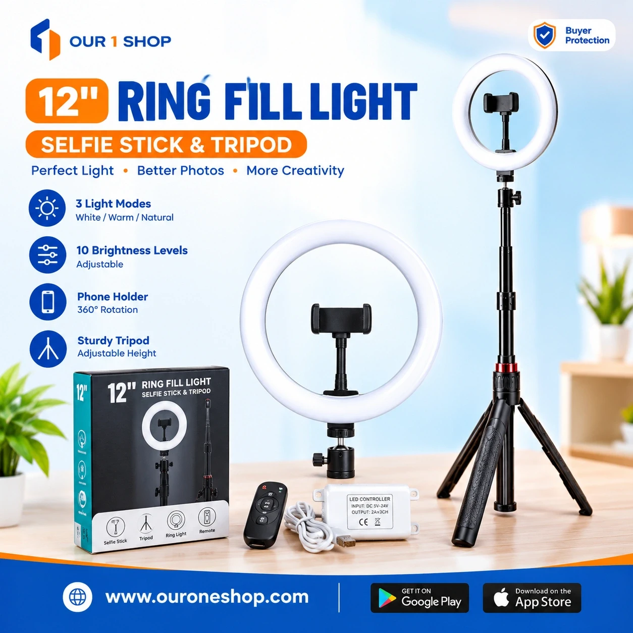 12" Ring Fill Light with Selfie Stick & Tripod