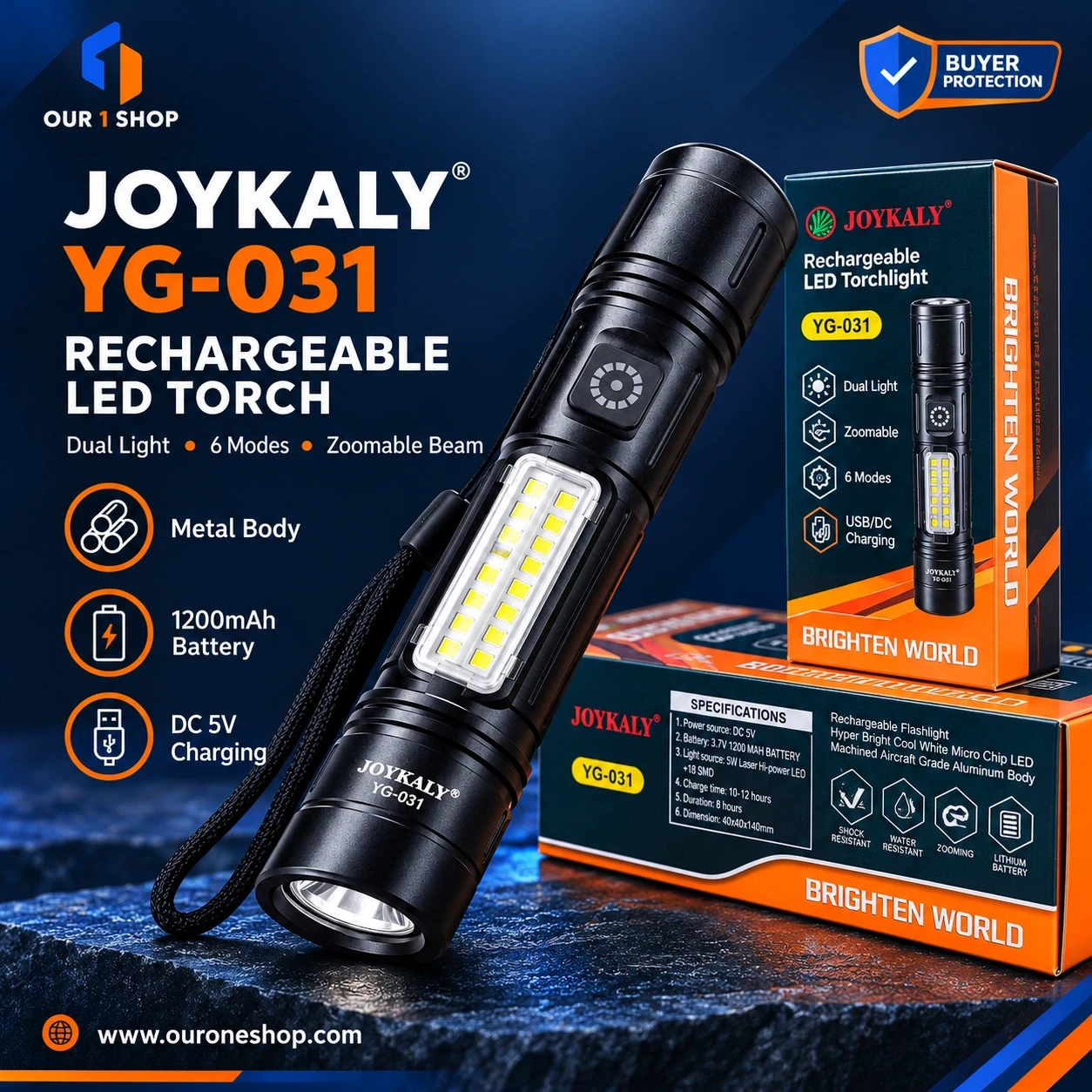 JOYKALY YG-031 Rechargeable High Power Metal Body LED Torch!