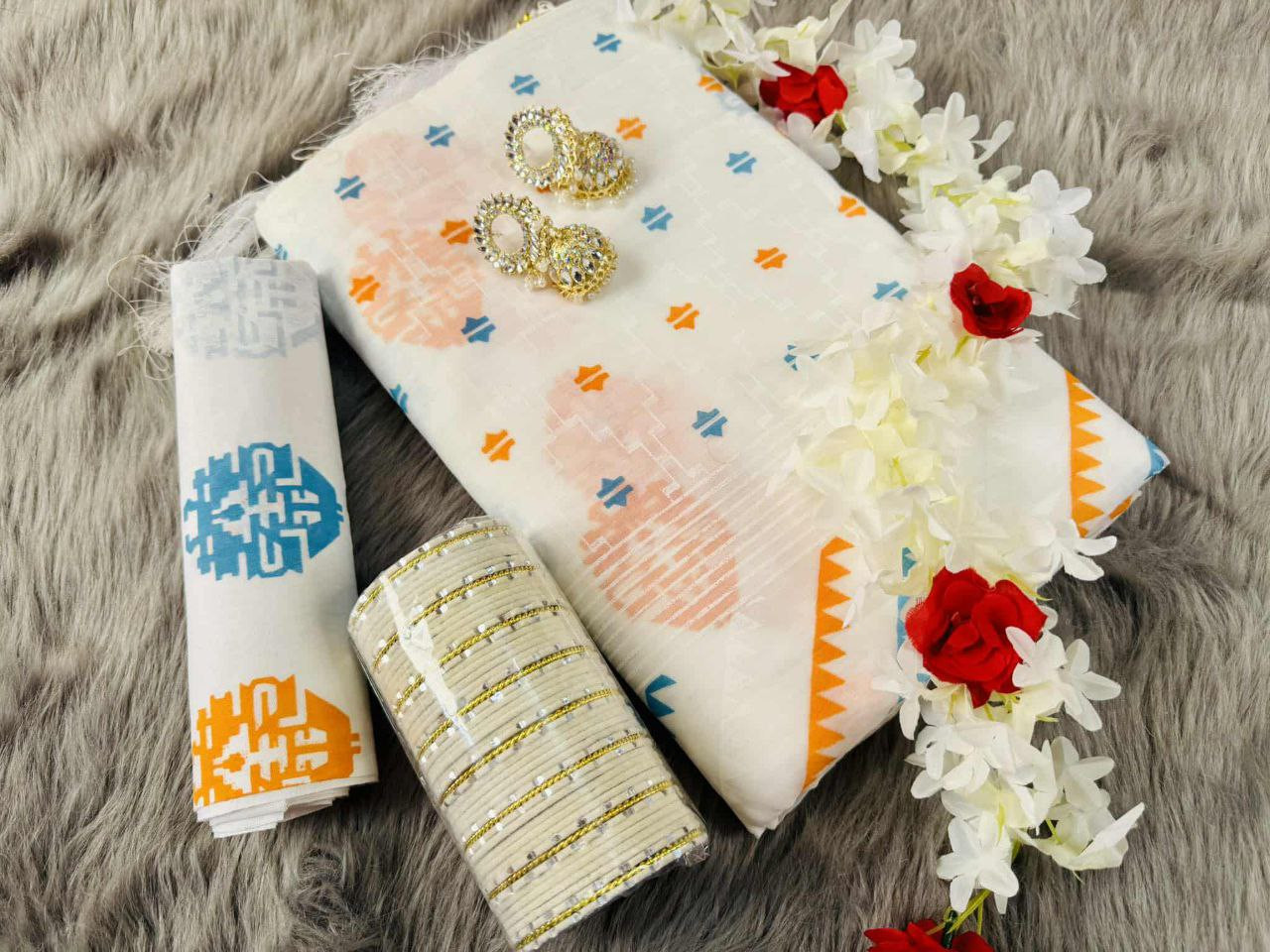 Charka Student Budget Skin Print Saree Combo Pack with Accessories চরকা স্টুডেন্ট বাজেট স্কিন প্রিন্ট শাড়ি কম্বো প্যাকেজ (ঝুমকা ও চুড়ি সহ)