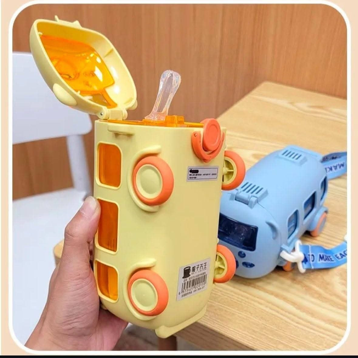 Kids Premium Toy Bus Shape Water Bottle with Straw & Strap
