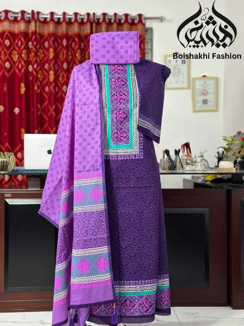 ​? ব্লক প্রিন্ট আনস্টিচ থ্রি-পিস (Premium Collection) ?