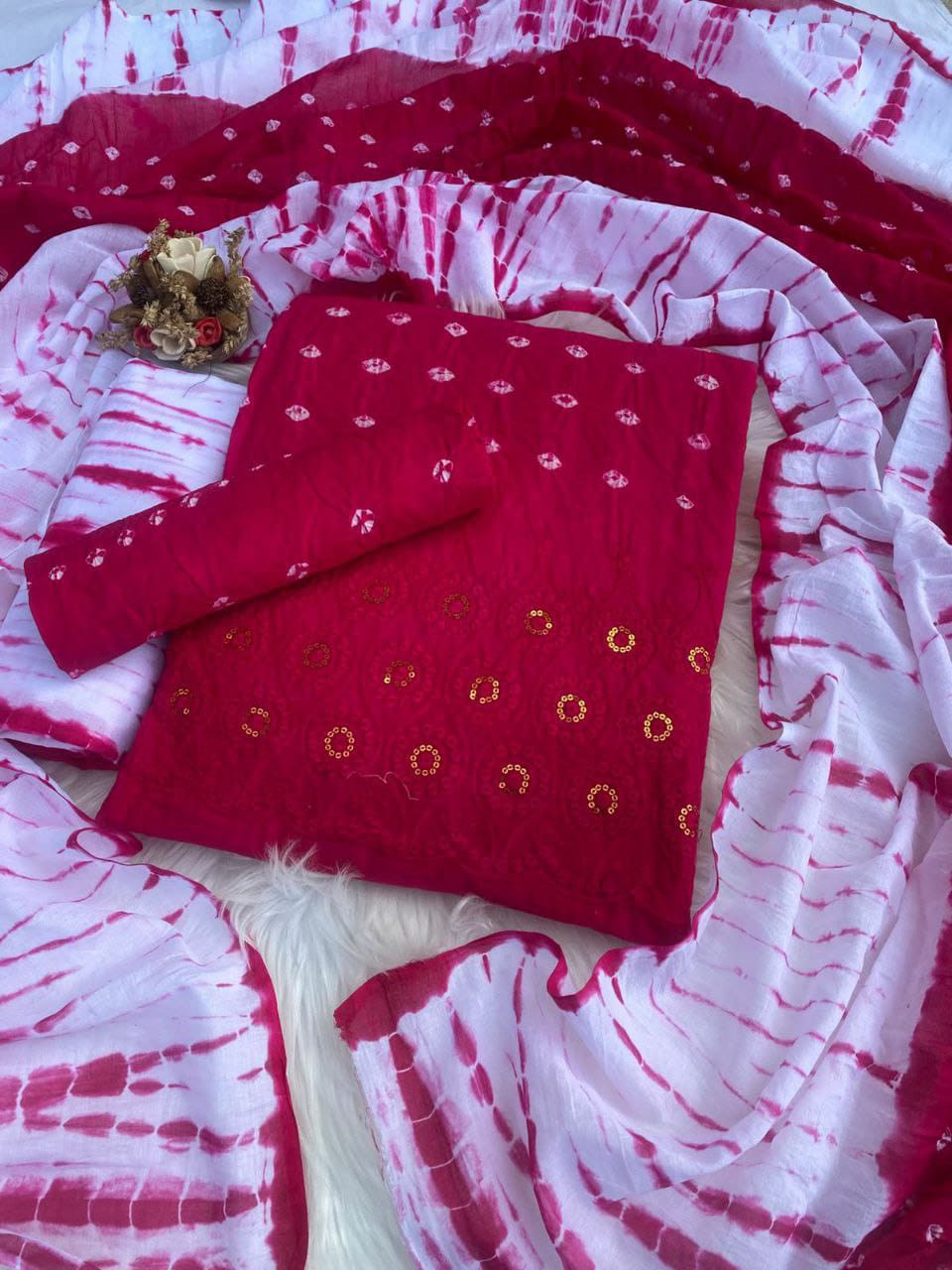 Premium Vegetable Chicken Kari Work Tie-Dye Boutique Three-Piece-প্রিমিয়াম ভেজিটেবল চিকেন কারি কাজ করা টাই-ডাই বুটিকস থ্রি-পিস