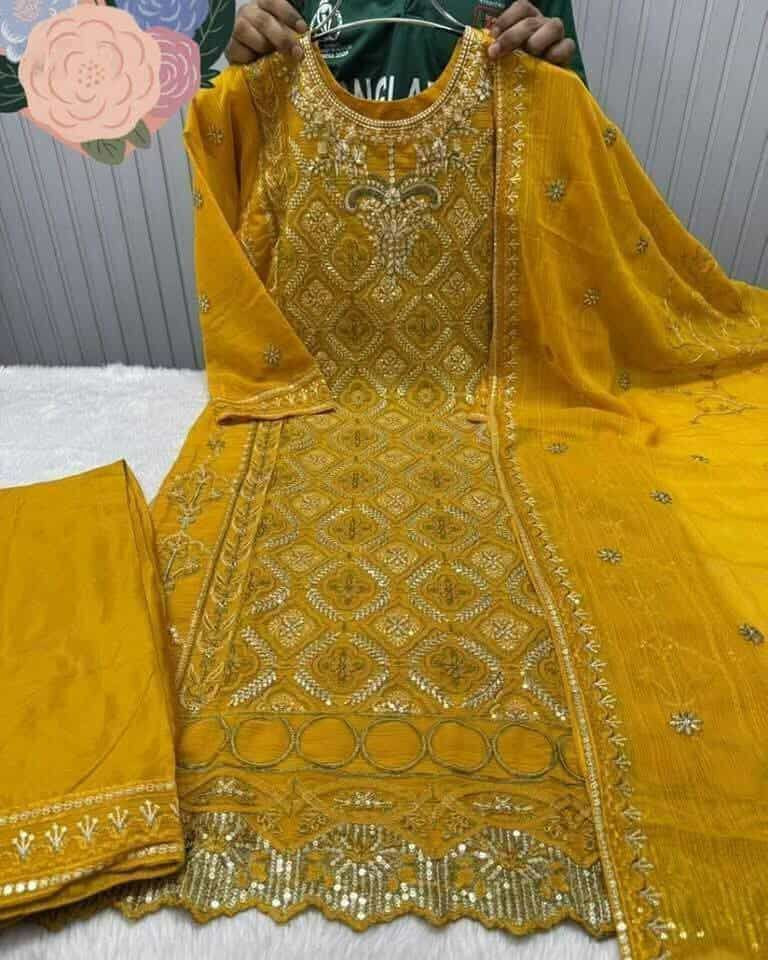 Readymade Indian Weightless Georgette Four-Piece with Heavy Sequenceরেডিমেড ইন্ডিয়ান ওয়েটলেস জর্জেট ফোর-পিস (হেভি এমব্রয়ডারি ও সিকোয়েন্স)