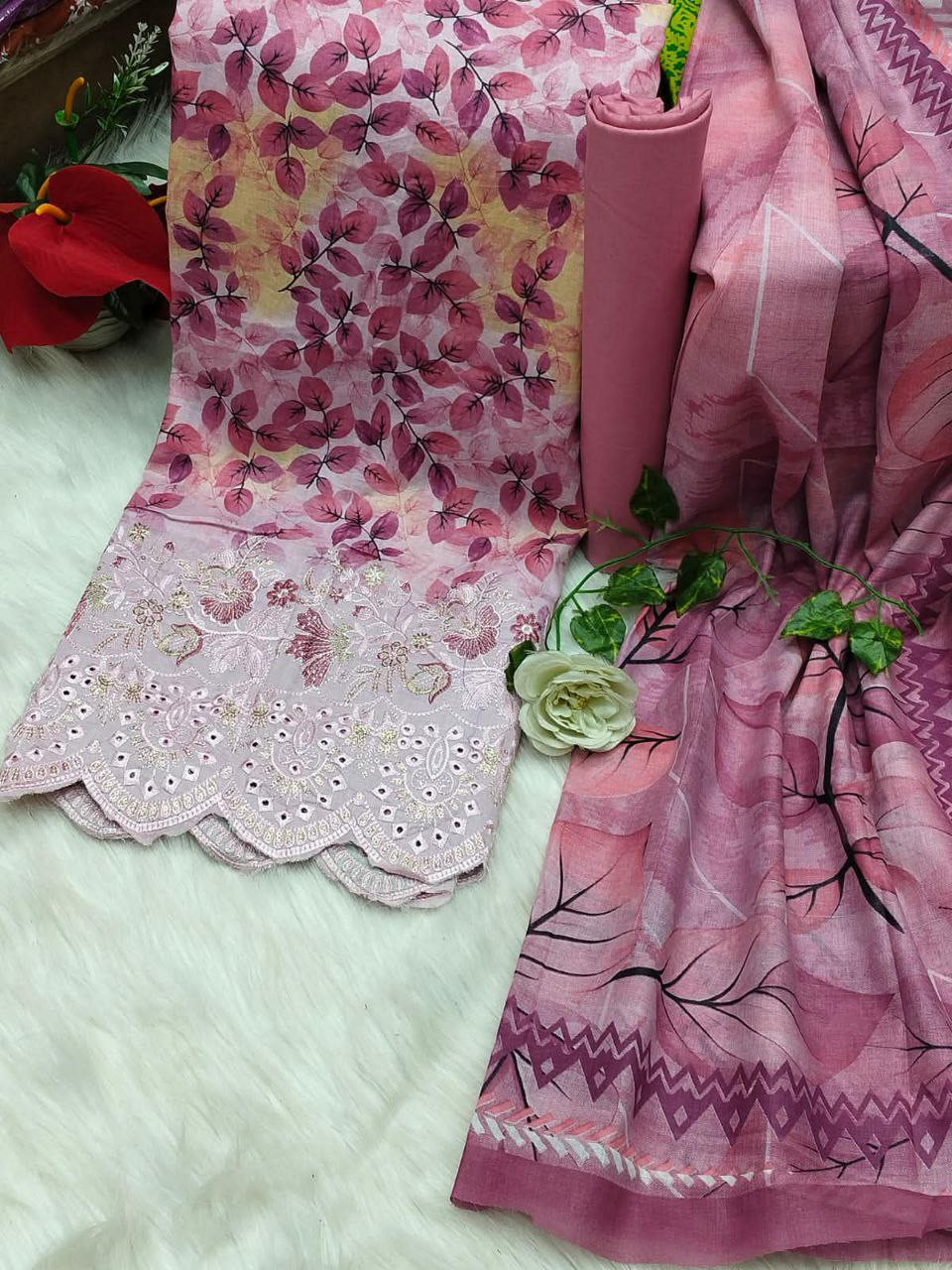 প্রিন্ট থ্রি - পিস   Cotton Three Piece, Embroidery Suit, Floral Digital Print,