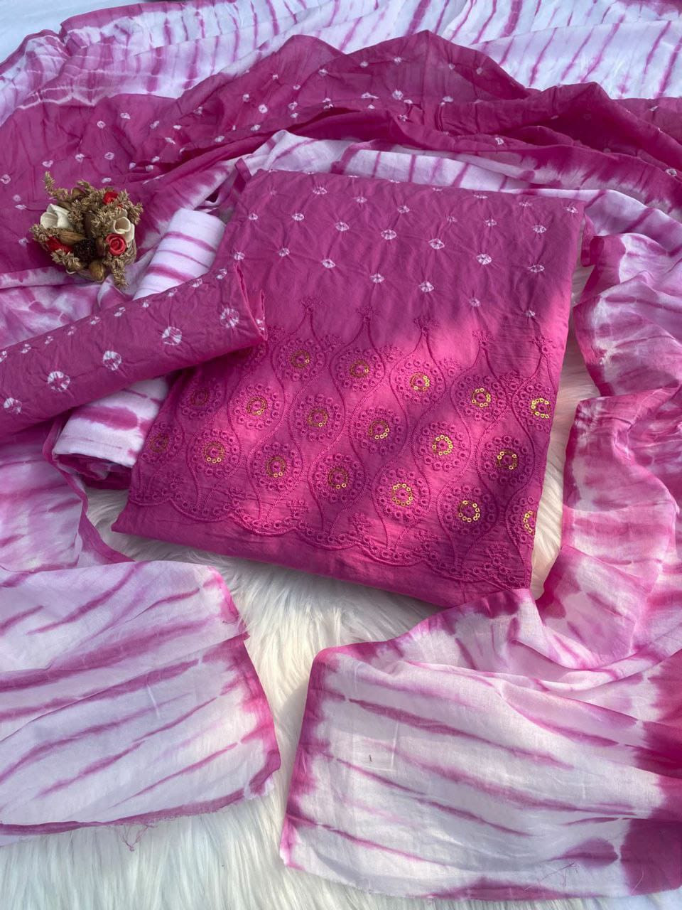 Premium Vegetable Chicken Kari Work Tie-Dye Boutique Three-Piece-প্রিমিয়াম ভেজিটেবল চিকেন কারি কাজ করা টাই-ডাই বুটিকস থ্রি-পিস